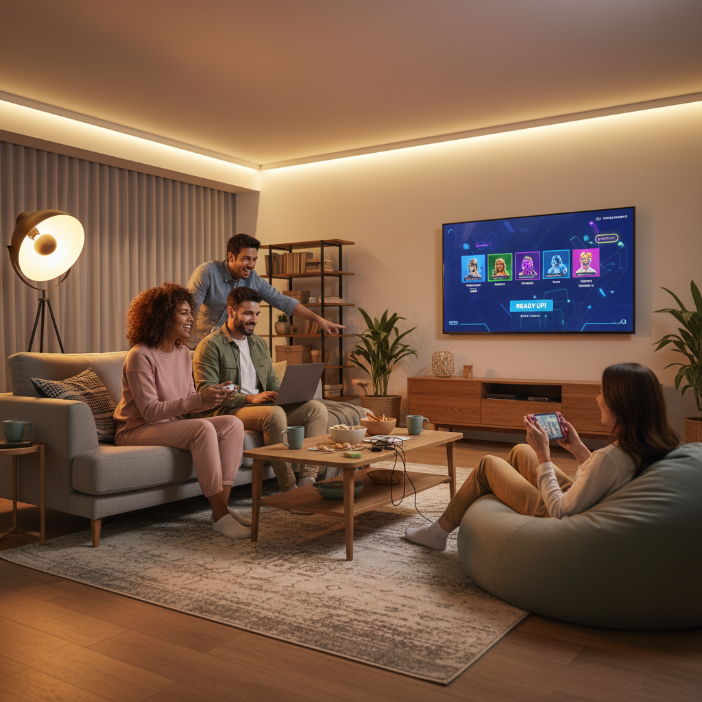 Friends playing crossplay games across console and PC in a living room setup