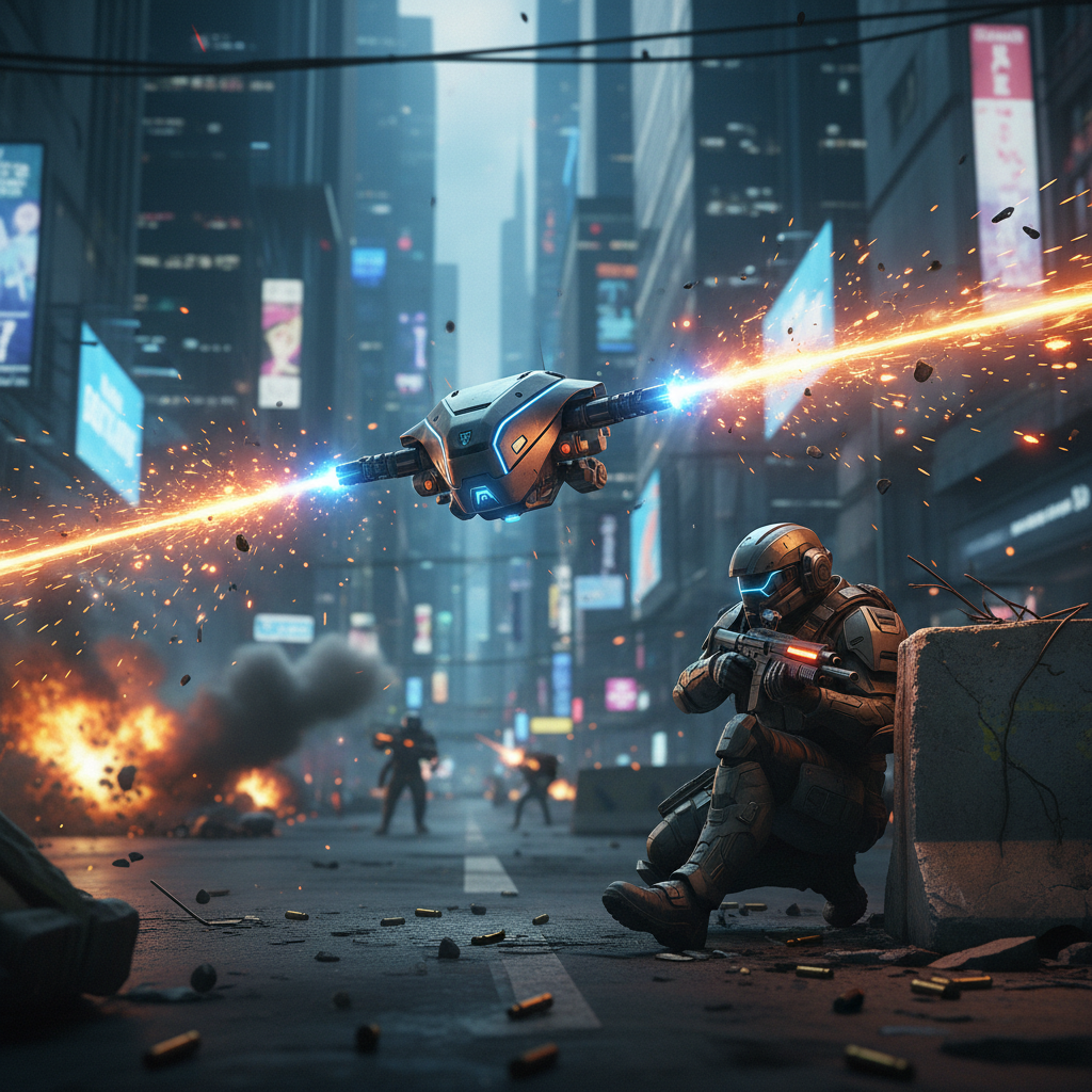 Combat drone engaging enemies in a futuristic city firefight