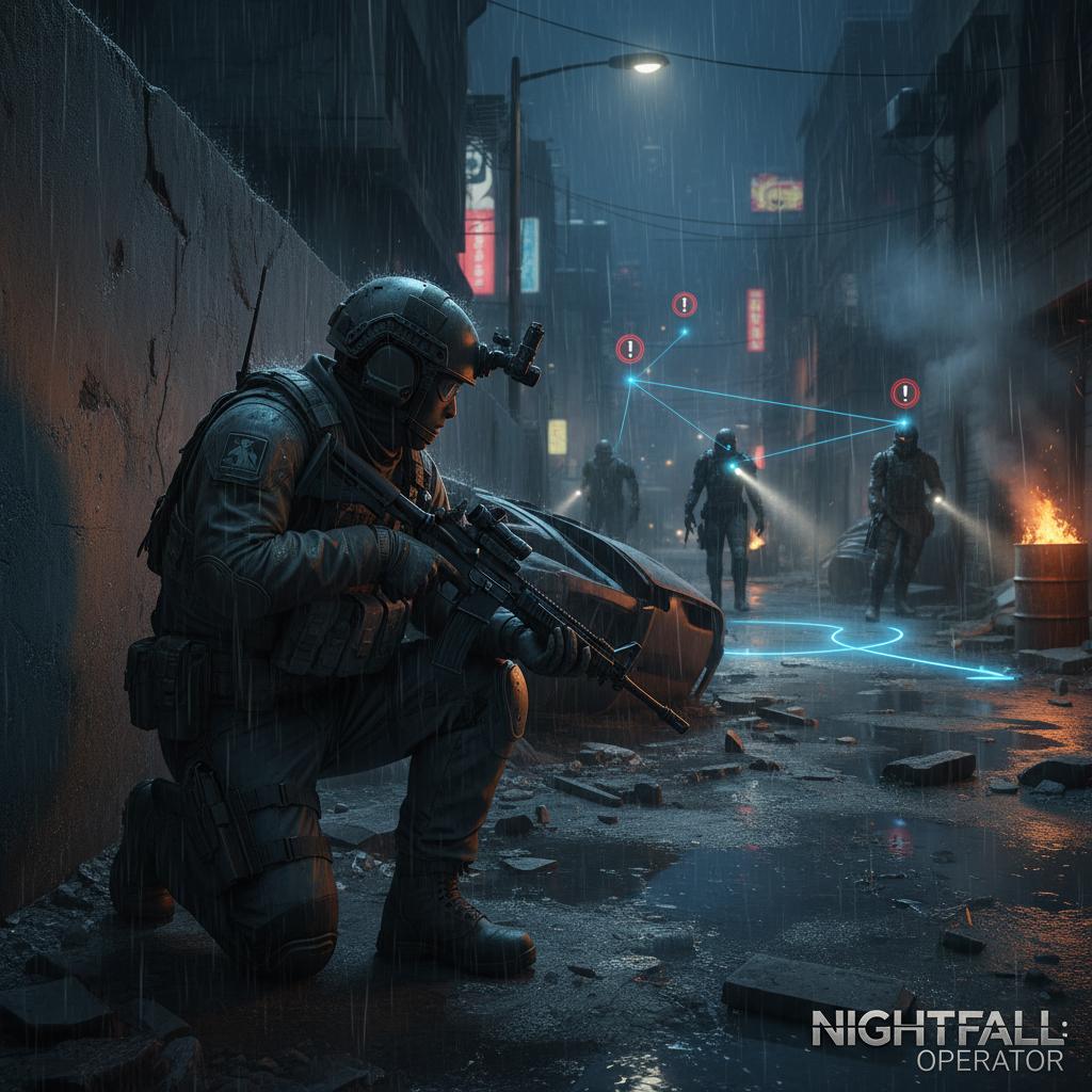 Third-person stealth shooter gameplay with cover and enemy patrol routes