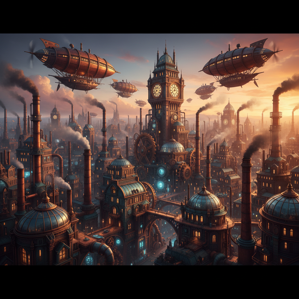 Steampunk city skyline with airships and industrial machines in a game world