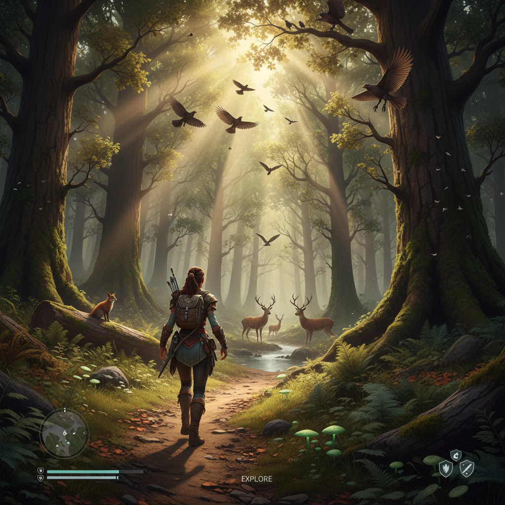 Player exploring a dense forest with wildlife in a video game