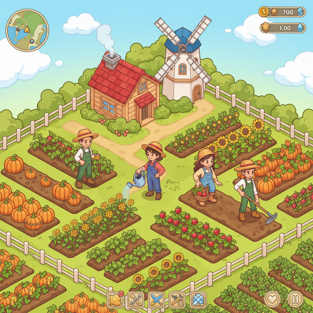 Bright colorful farm fields in a cozy multiplayer farming game interface