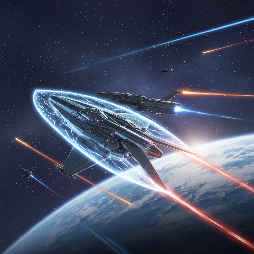 Starfield dogfight scene showing a nimble interceptor ship build