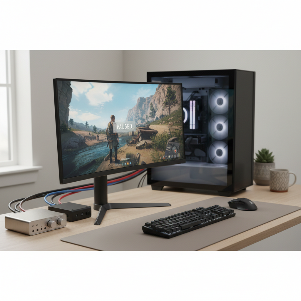 PC gaming setup showing audio interface and capture card connections causing sync delay