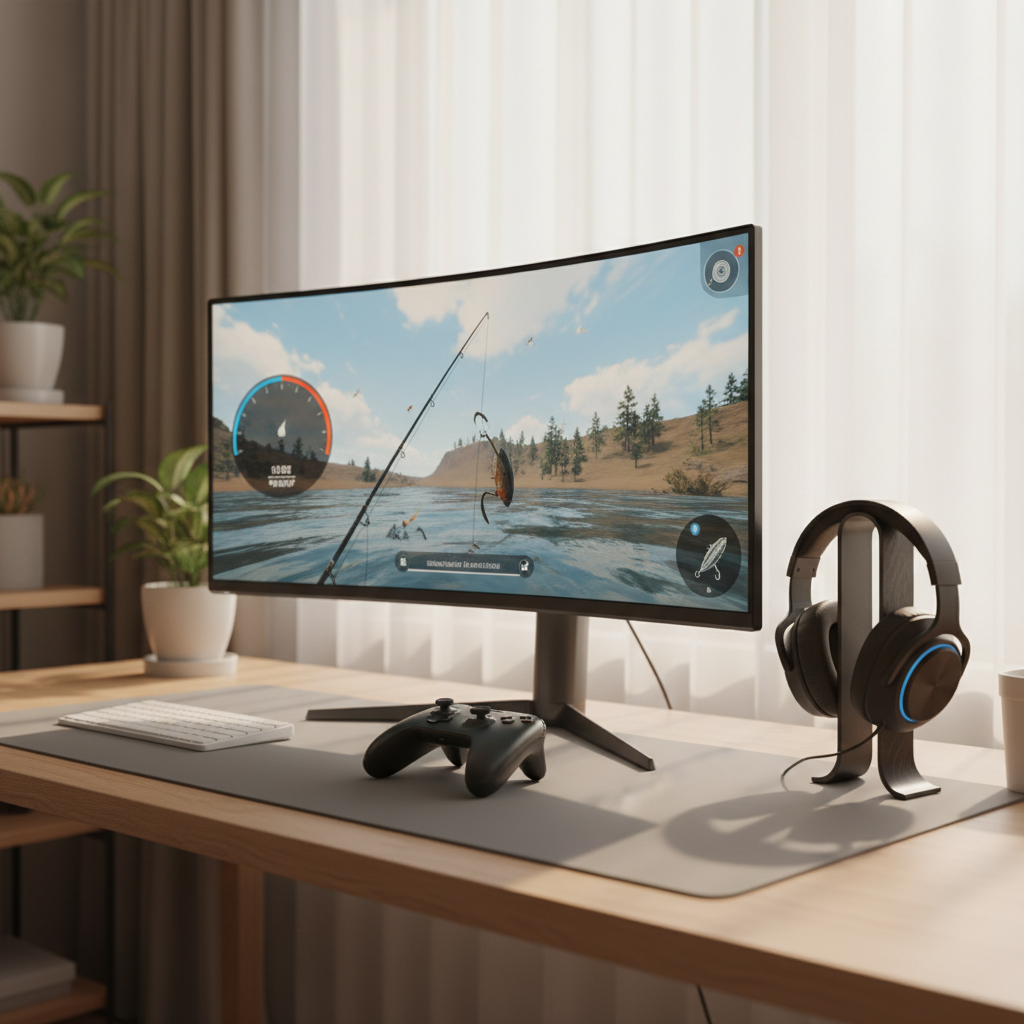 Realistic fishing game setup with rod, reel, and bite indicator UI on screen