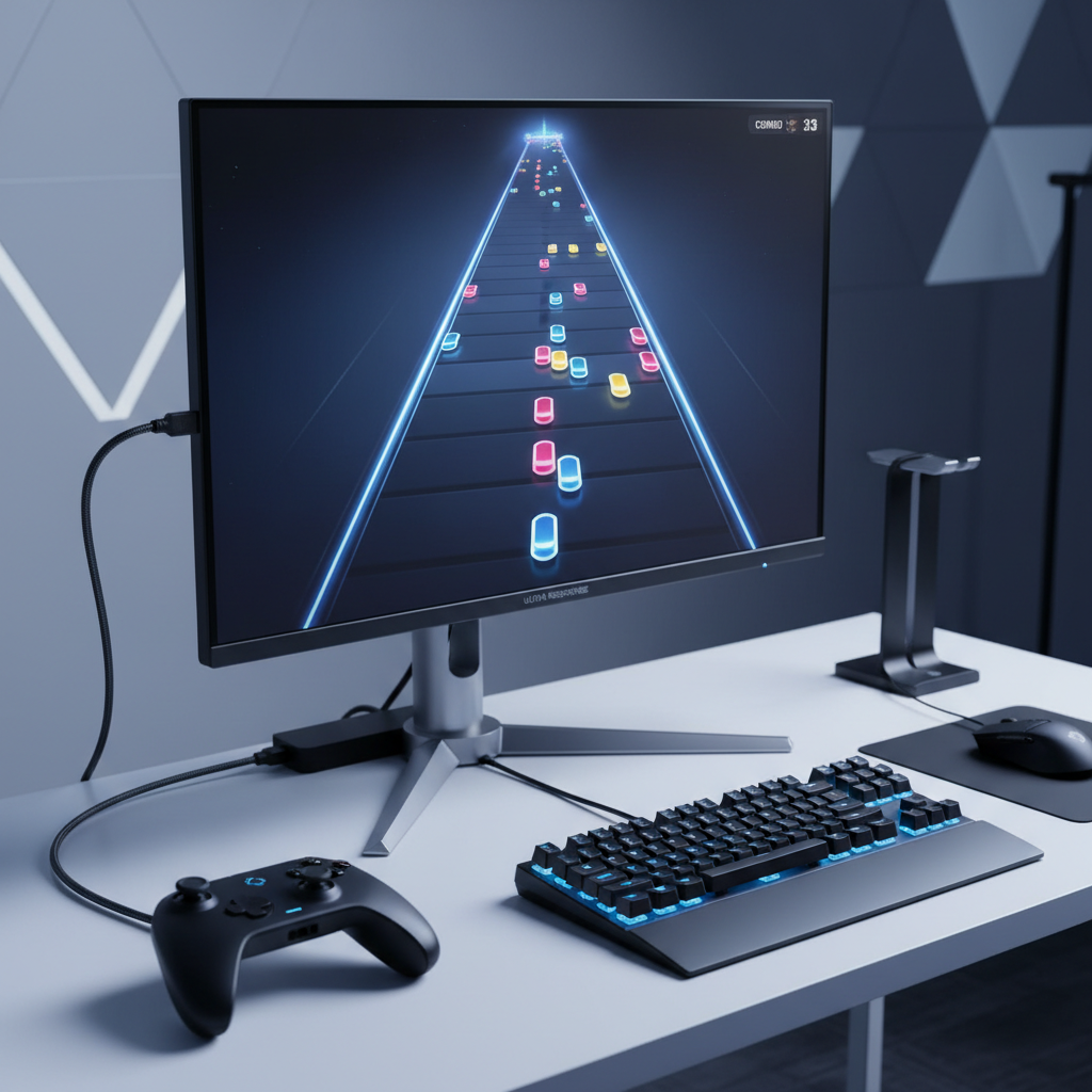 Gaming monitor in game mode with wired controller and USB keyboard for rhythm games