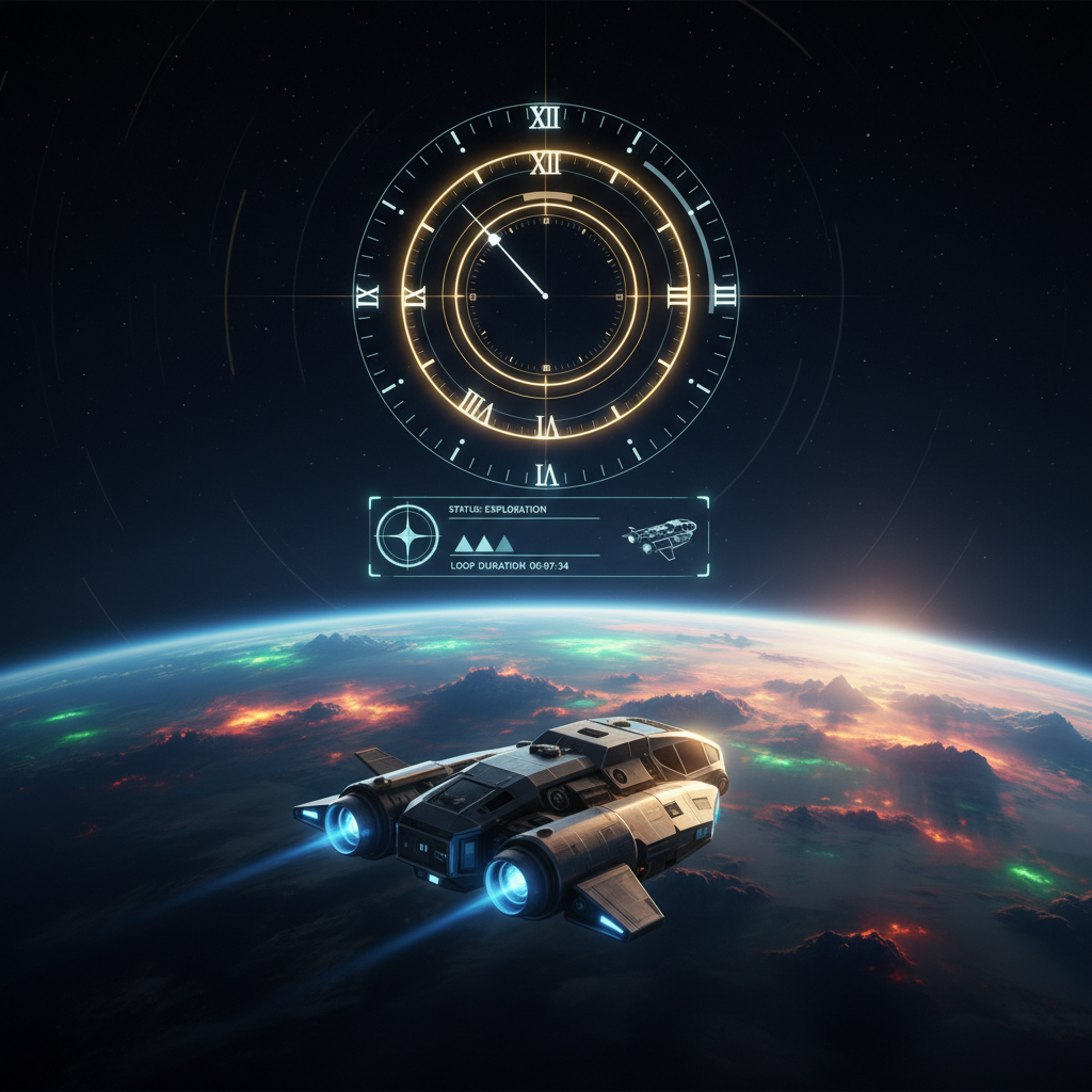 Space exploration time loop game scene with tiny ship and planetary horizon