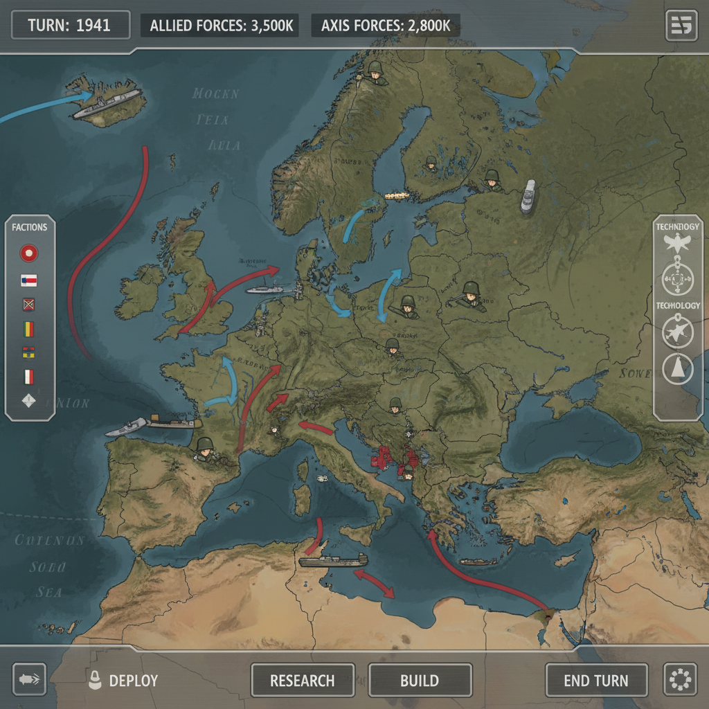 World War II game map and historically themed battlefield interface