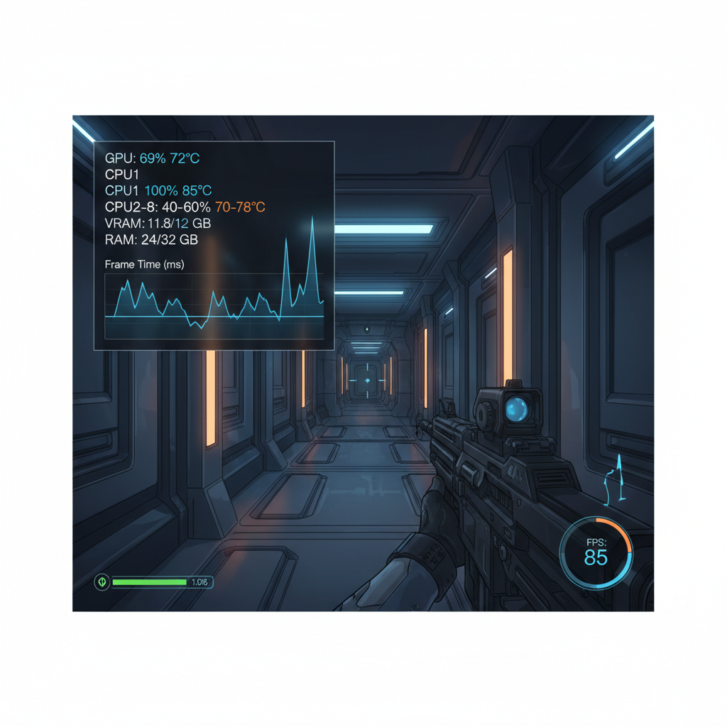 Performance overlay showing GPU usage, CPU core load, frame time spikes