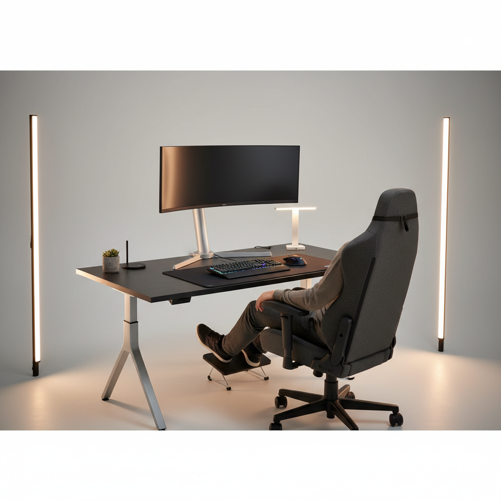 Healthy gaming workstation setup with monitor at eye level and feet supported
