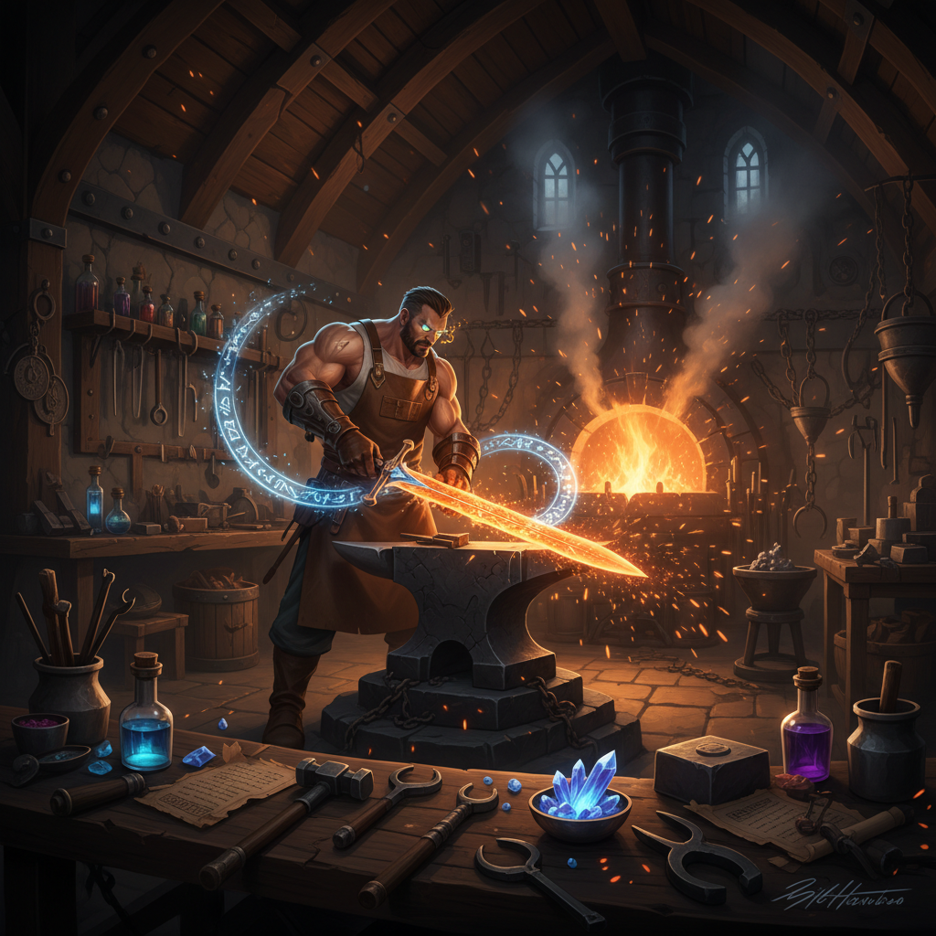 Fantasy blacksmith forging a glowing enchanted sword at an anvil