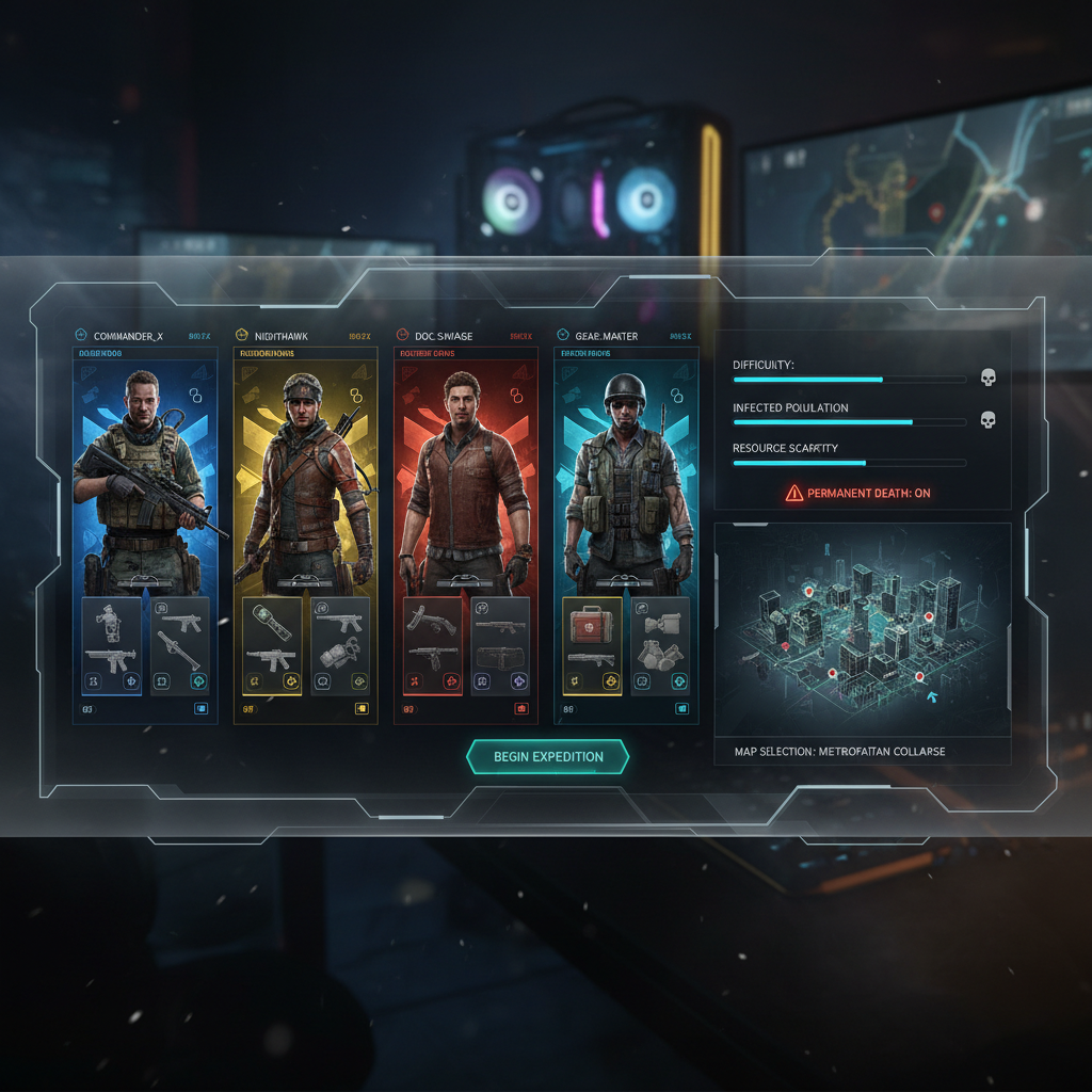 Co-op zombie survival team coordinating loadouts and difficulty settings in a game menu