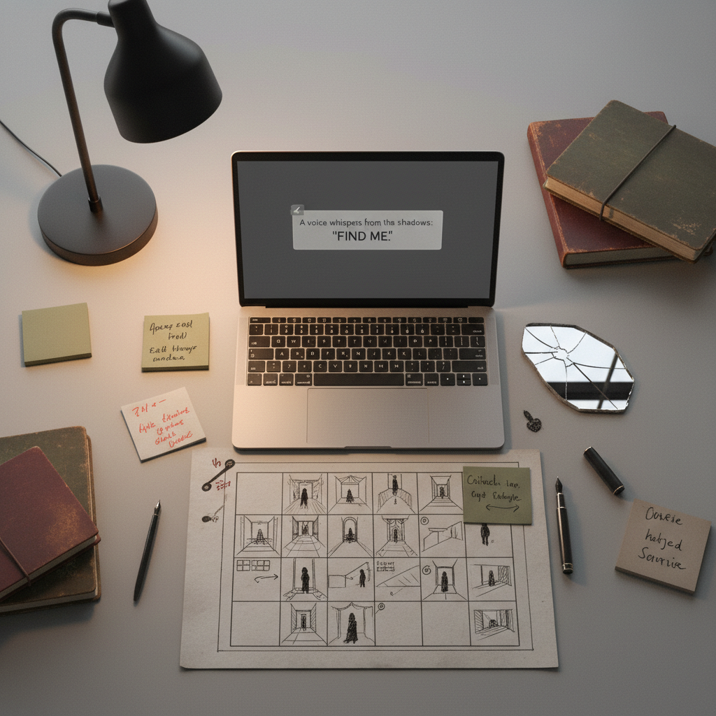 Storyboard and game UI concept for psychological horror narrative design