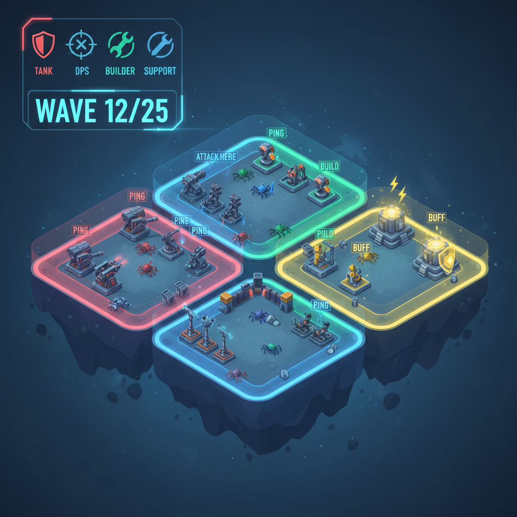 Co-op tower defense team coordinating roles and lanes on a shared map