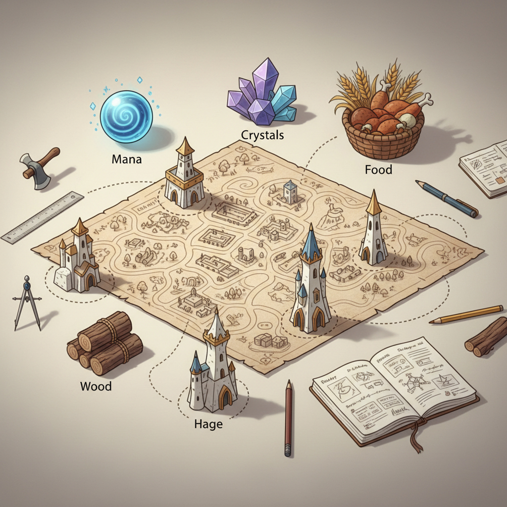 Resource planning for a magical kingdom building game with crystals and mana