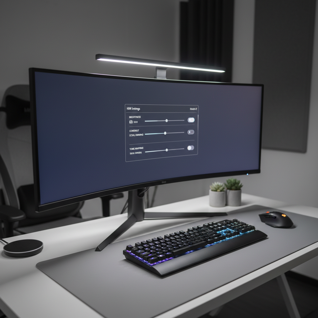 Gaming monitor HDR settings menu on a desk setup