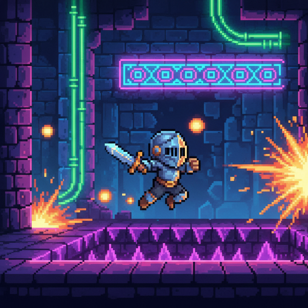 Retro pixel art action platformer scene with precise jumps and neon lighting