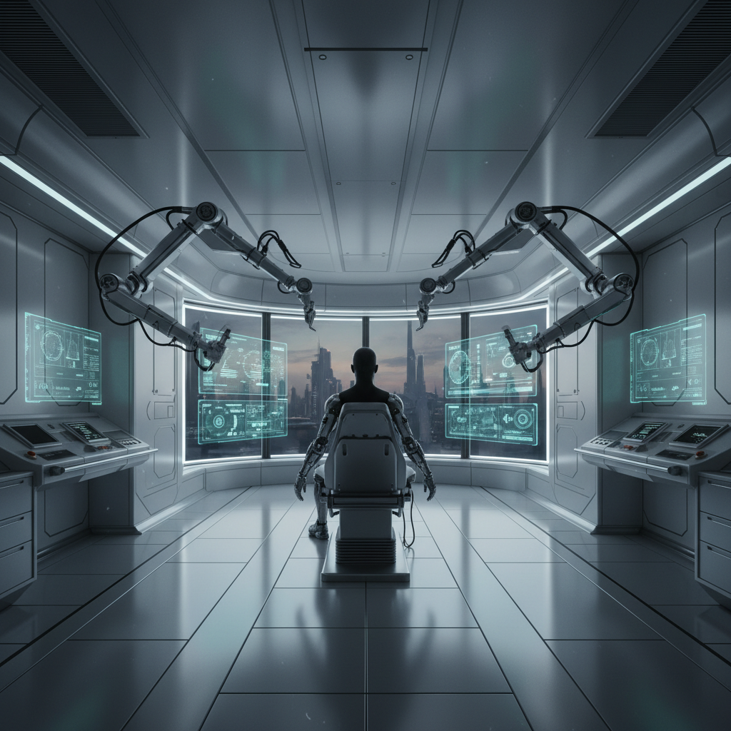 Immersive sim cybernetic augmentation scene in a post-human sci-fi game