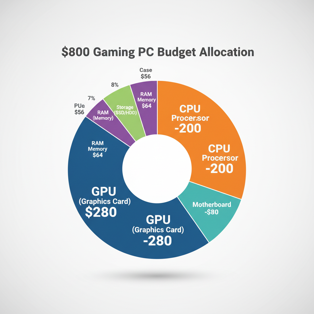 Budget allocation chart concept for an $800 gaming PC build focusing spending on GPU and CPU