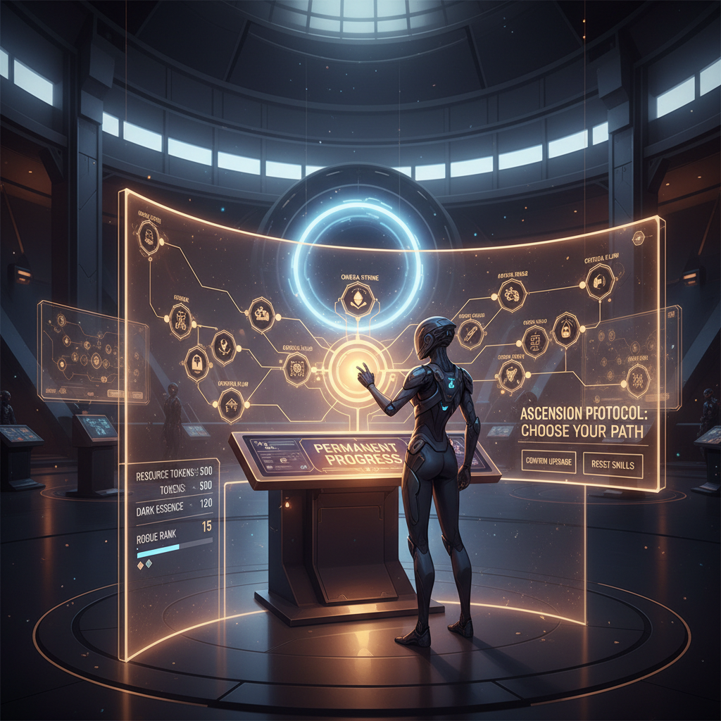 Player choosing meta upgrades in a roguelite hub between runs