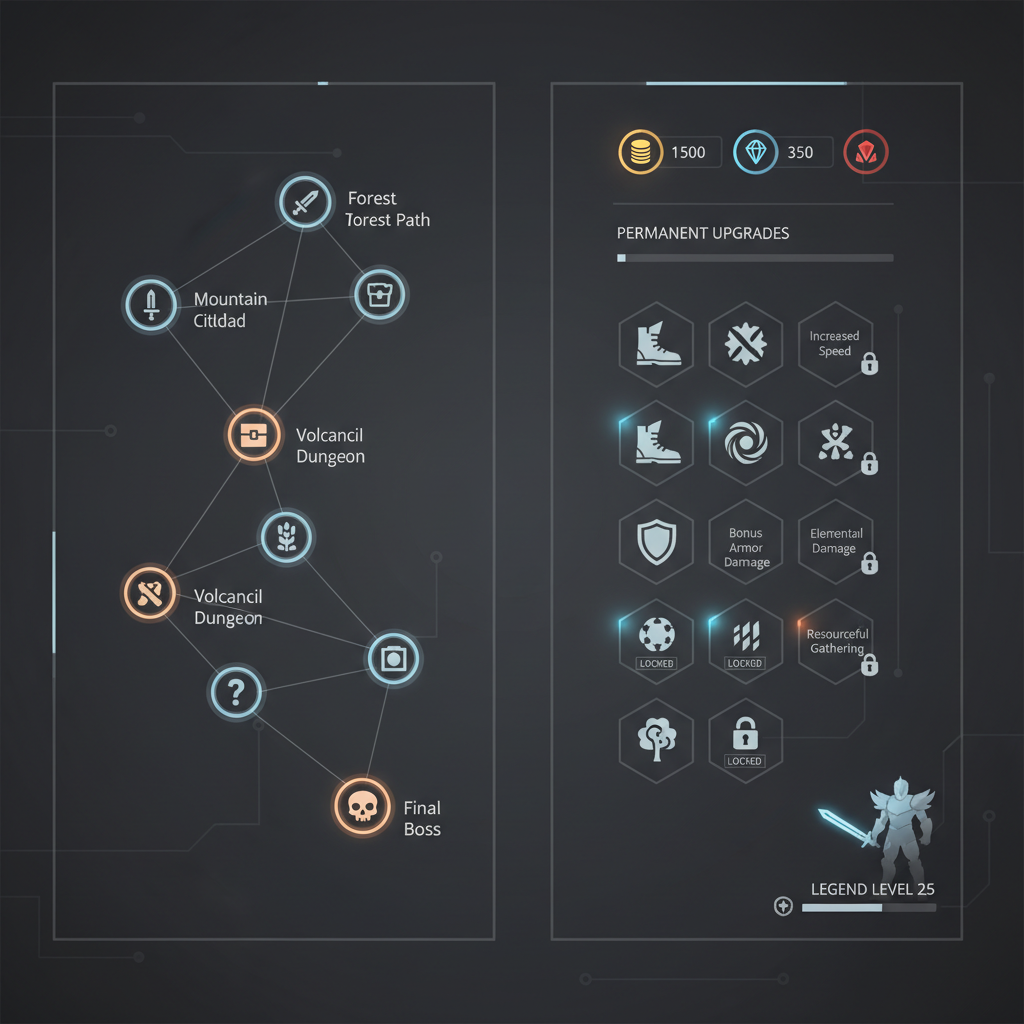 Roguelite run map with permanent progression upgrades and currency
