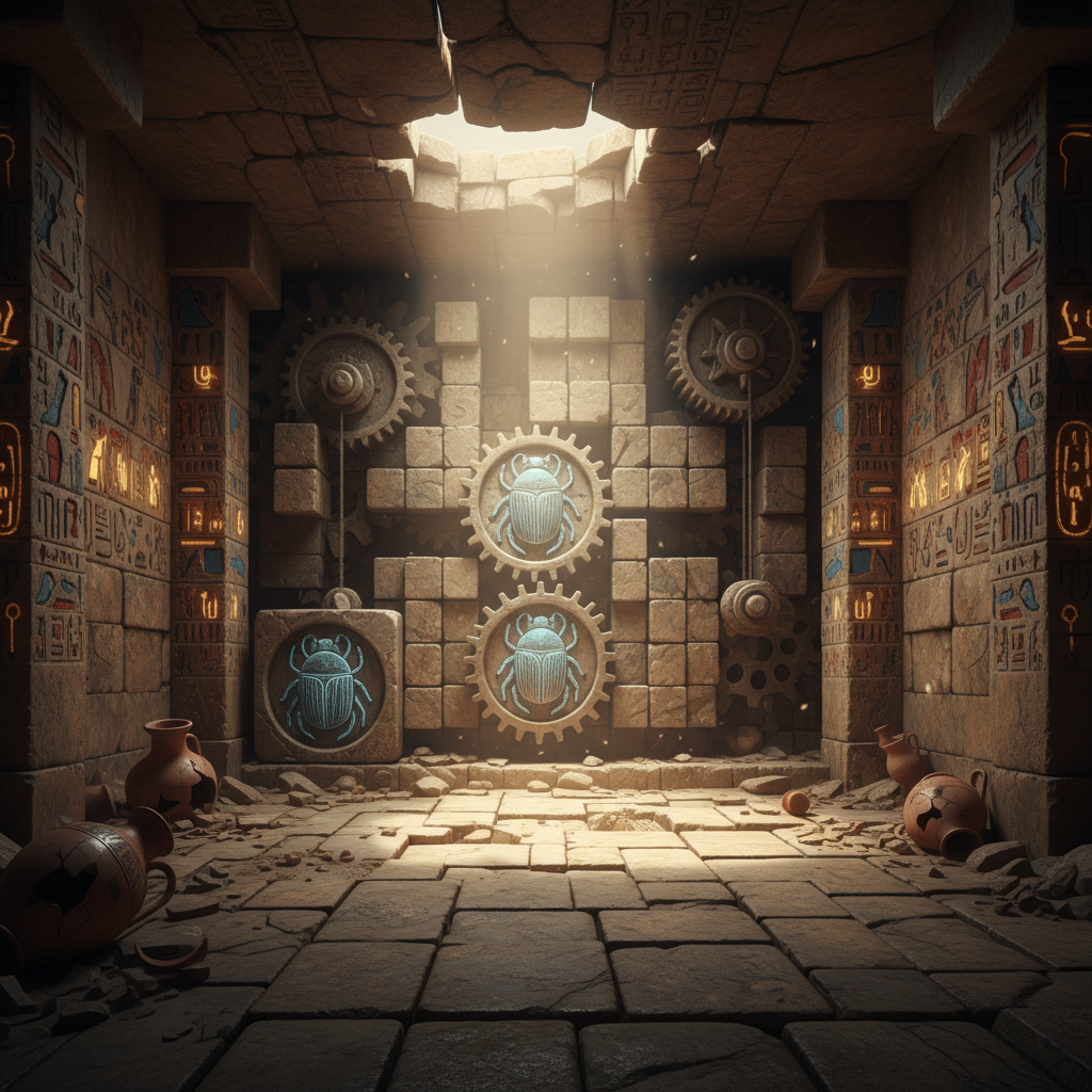 Puzzle-focused tomb chamber with stone blocks and a beam of light in Ancient Egypt setting