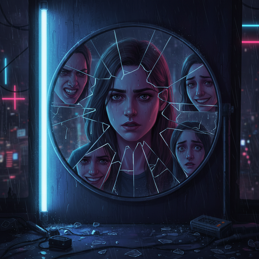 Psychological twist video game scene with a fragmented mirror reflection