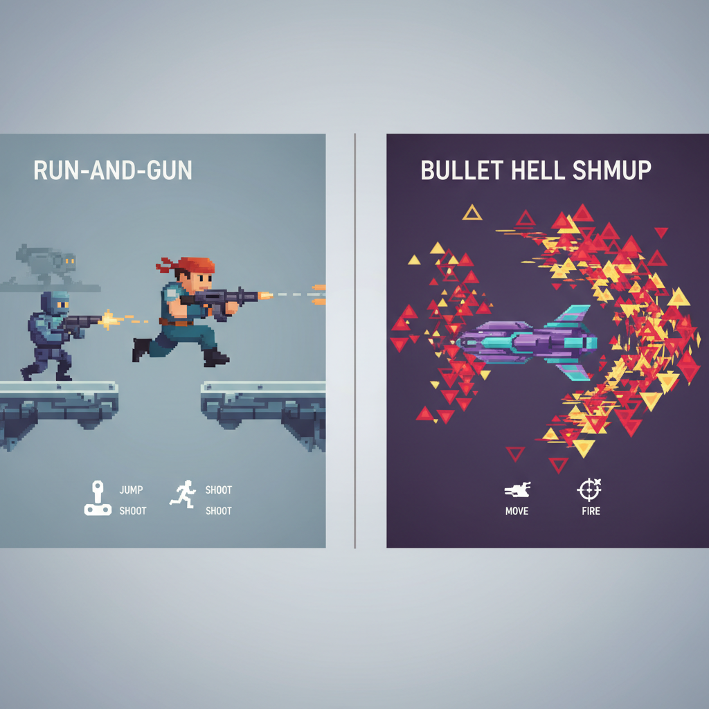 Comparison of run-and-gun and shmup side-scrolling shooter styles