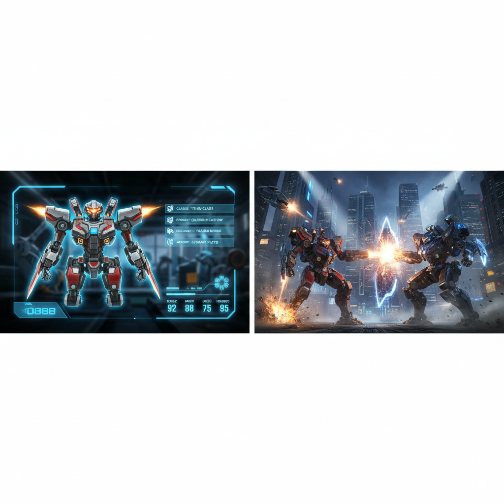Mech customization menu and combat scene comparison