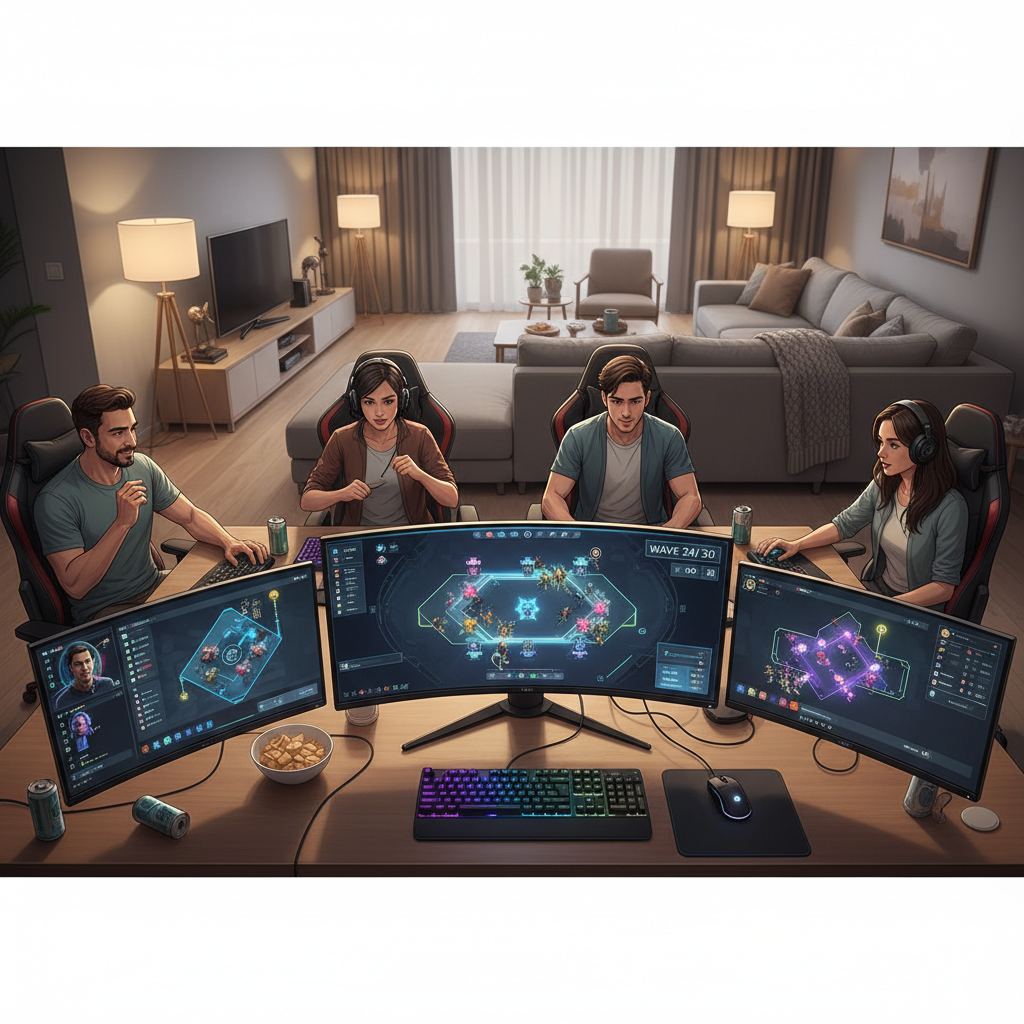 Friends playing co-op tower defense on PC with shared strategy map