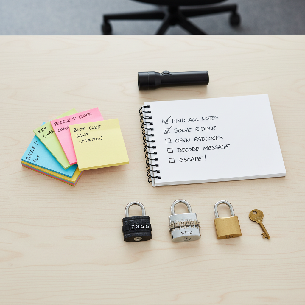 Escape room clue staging area with labeled notes and locks