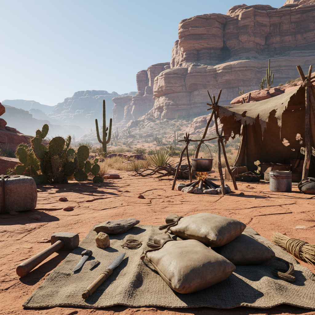 Survival crafting in a desert: water skins, camp, and sandstone cliffs