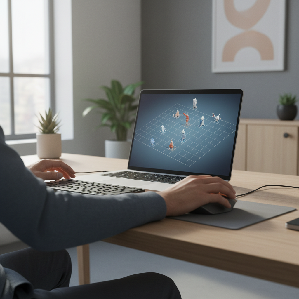 Strategy gamer planning a turn-based tactics move on a laptop