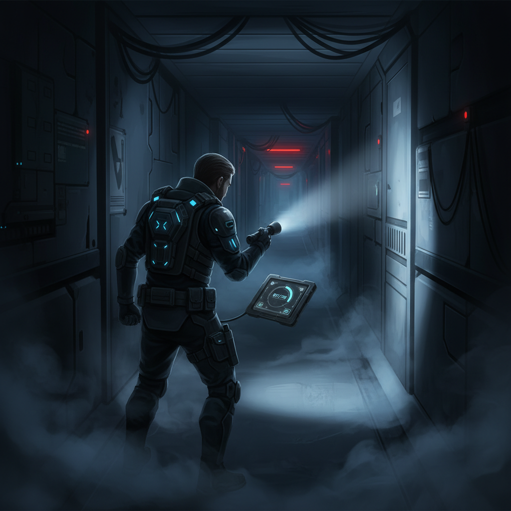 Survival horror gameplay scene with flashlight, limited ammo, and tense corridor exploration