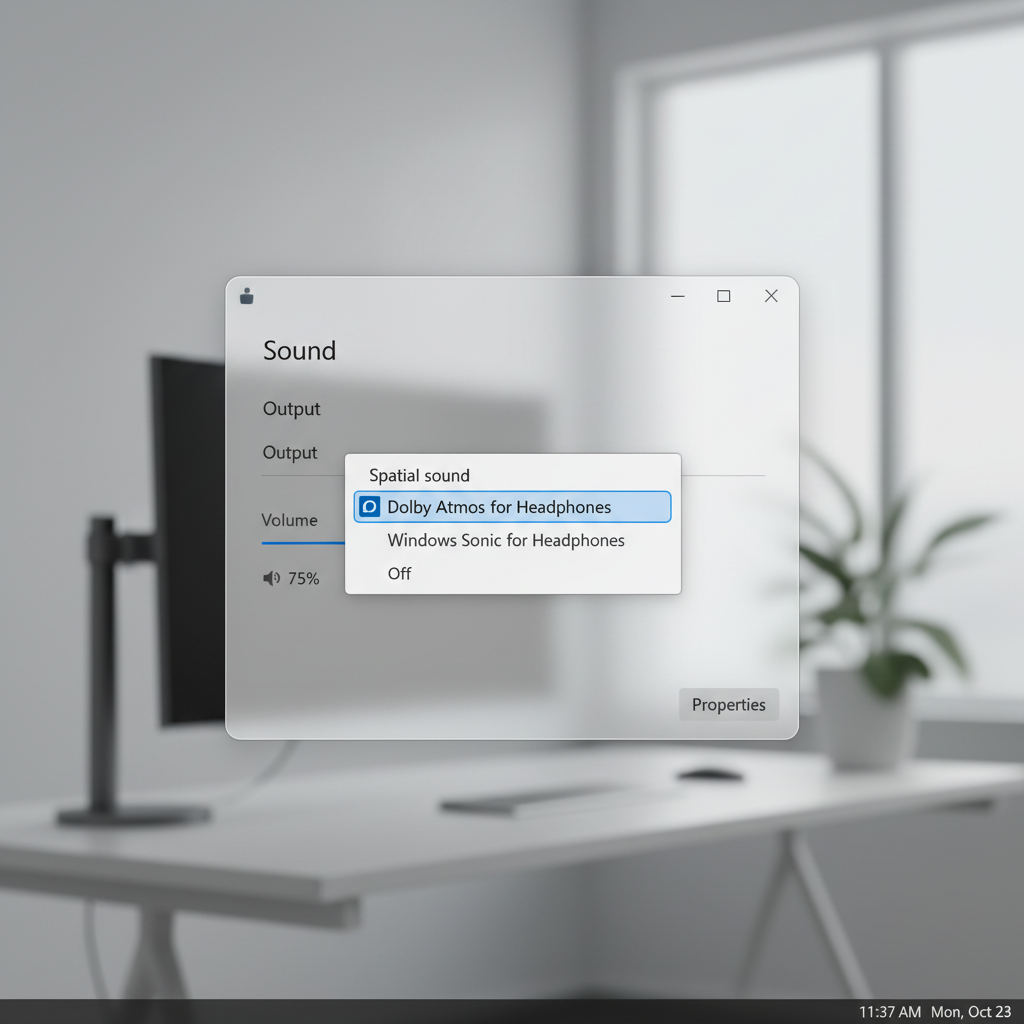 Windows 11 sound settings showing spatial audio and Dolby Atmos options for a gaming headset