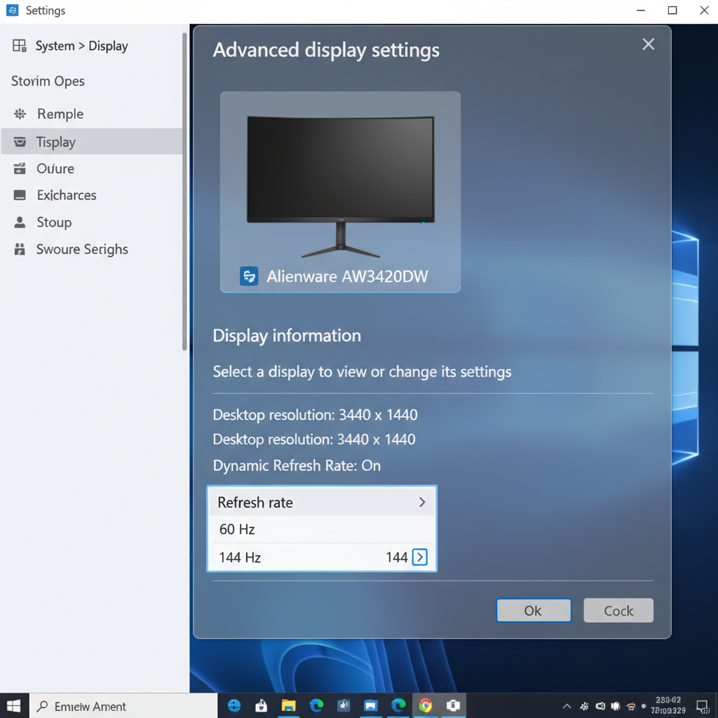 Windows display advanced settings showing monitor refresh rate for G-SYNC setup