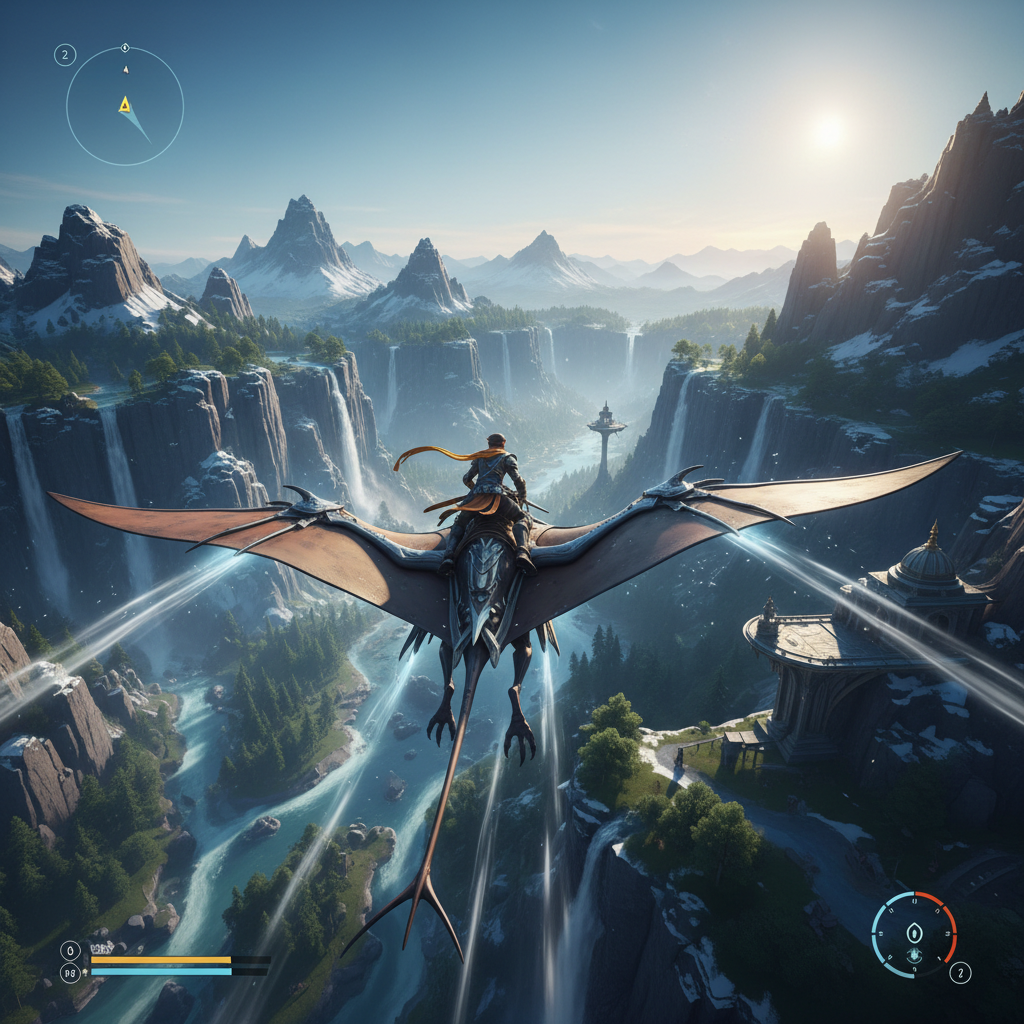 Open world flying mount gameplay with a rider gliding over cliffs and valleys