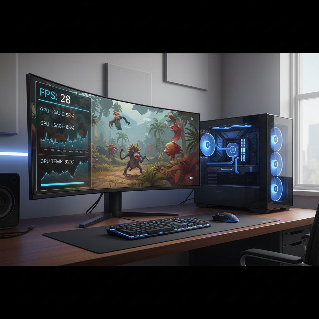 Windows gaming PC showing low FPS and performance overlay