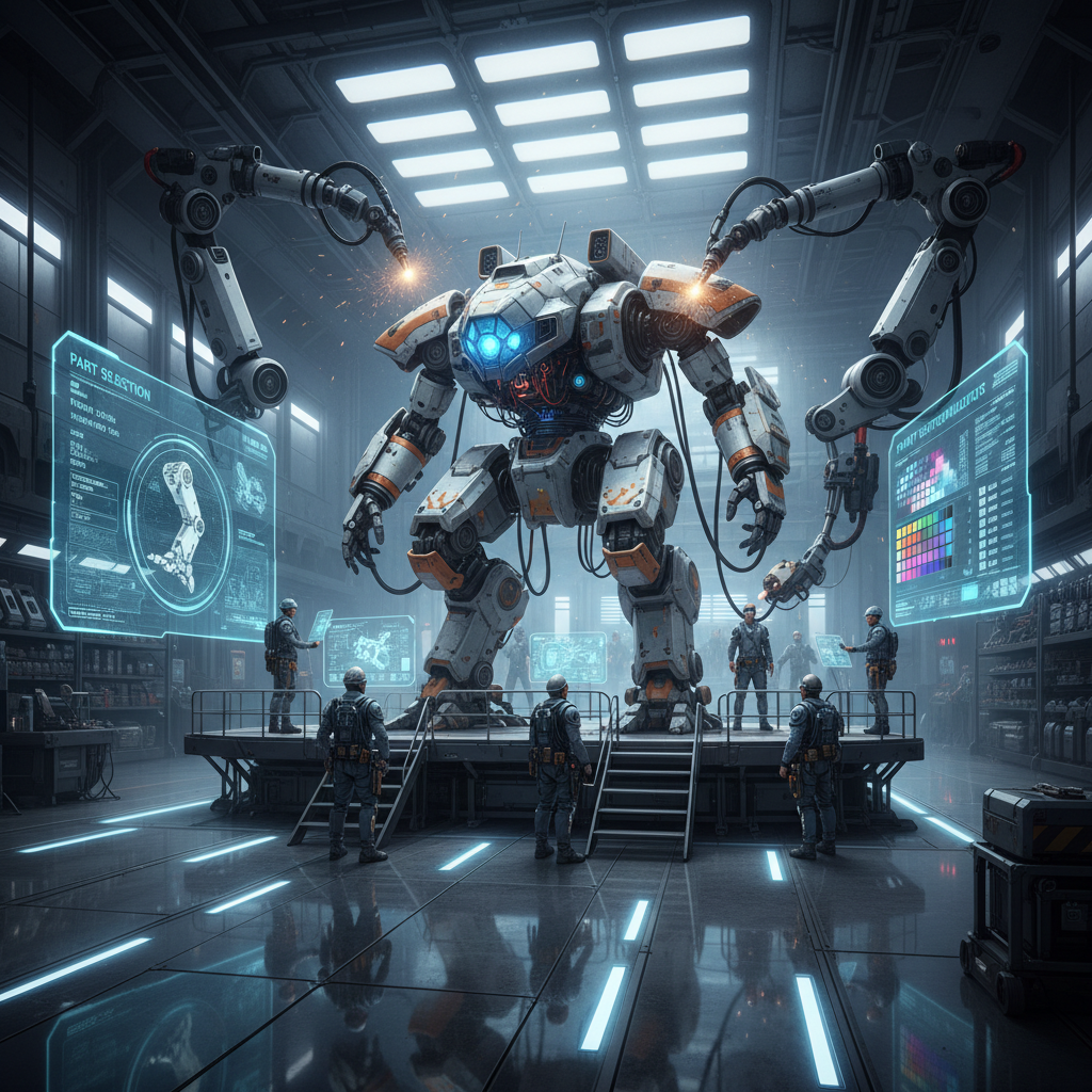 Mech garage customization bay with parts selection and color tuning