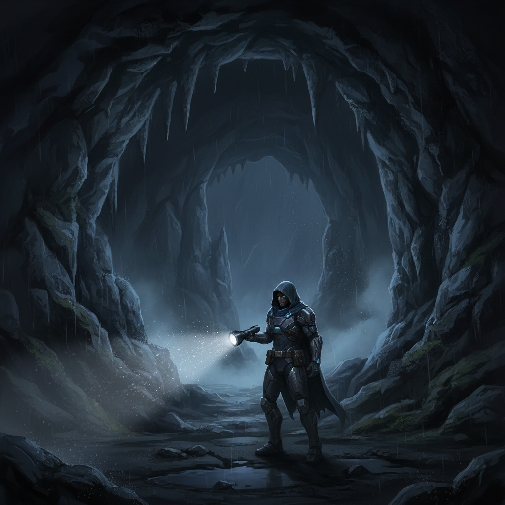 Player exploring a dark cave zone in a video game with a flashlight