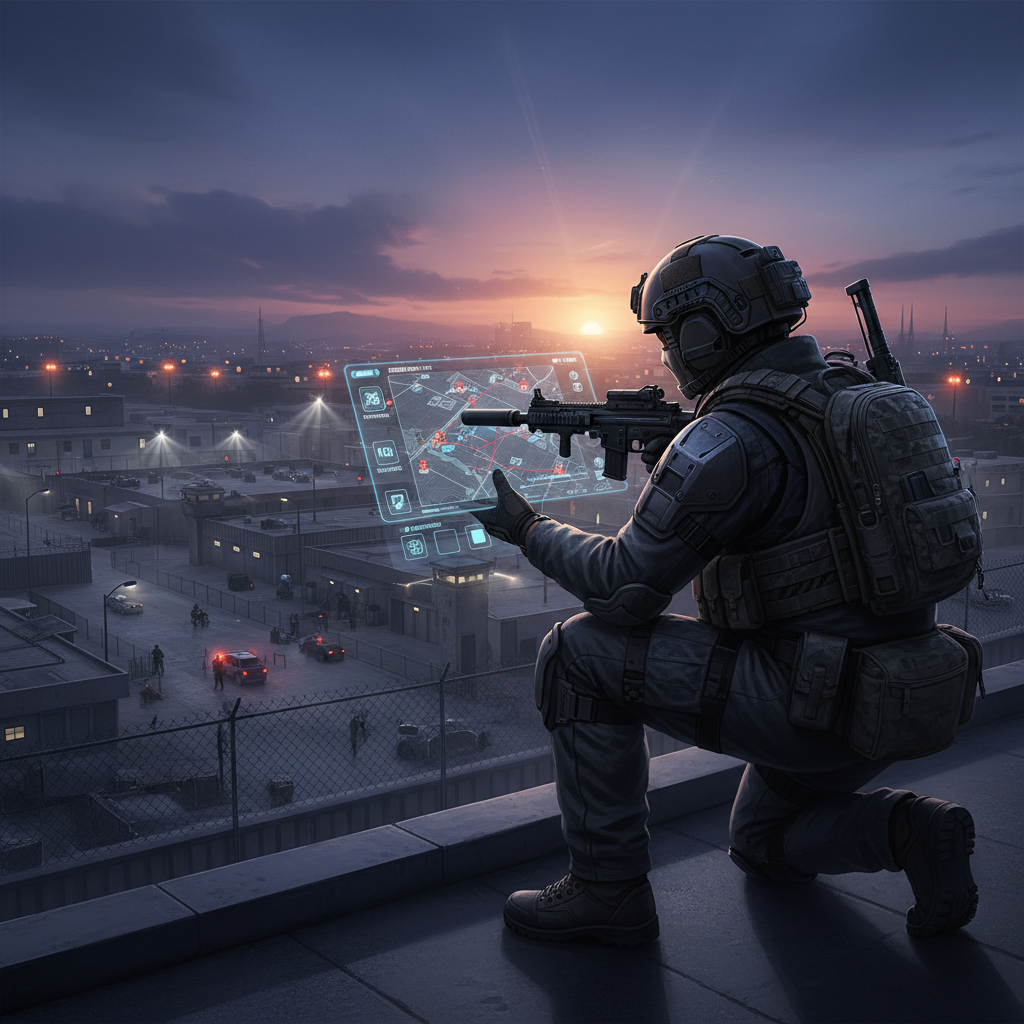 Player planning a stealth approach in a third-person shooter using map and gadgets