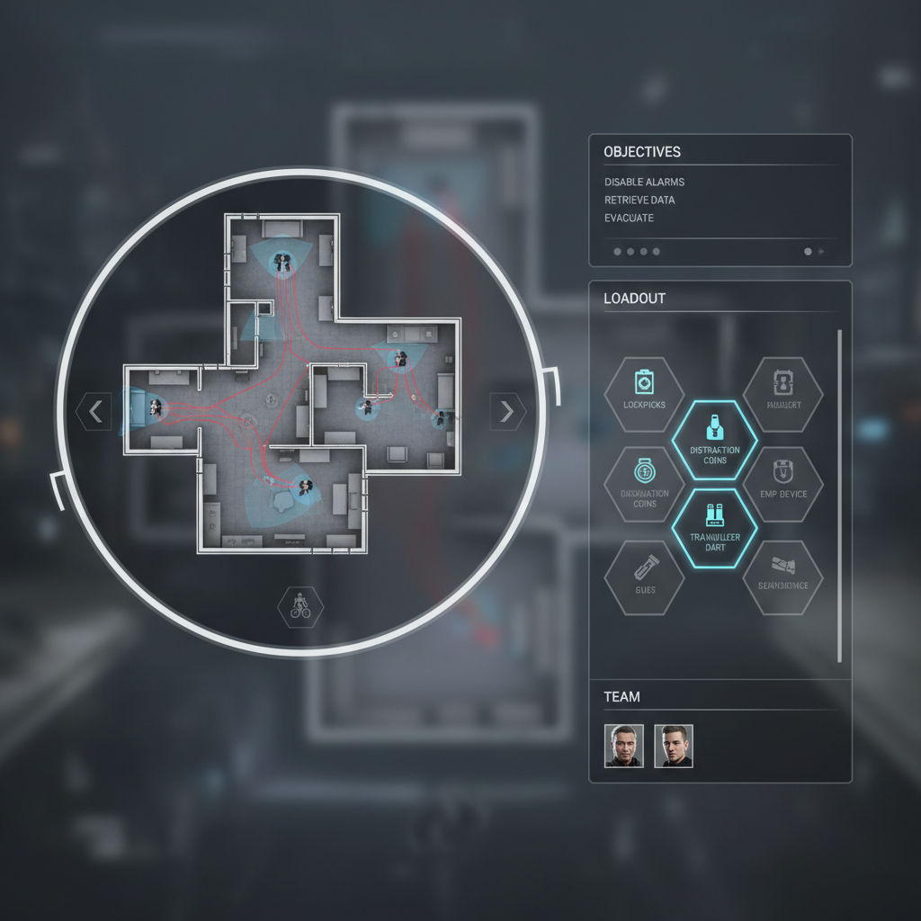 Stealth planning with minimap, guard vision cones, and non-lethal loadout selection
