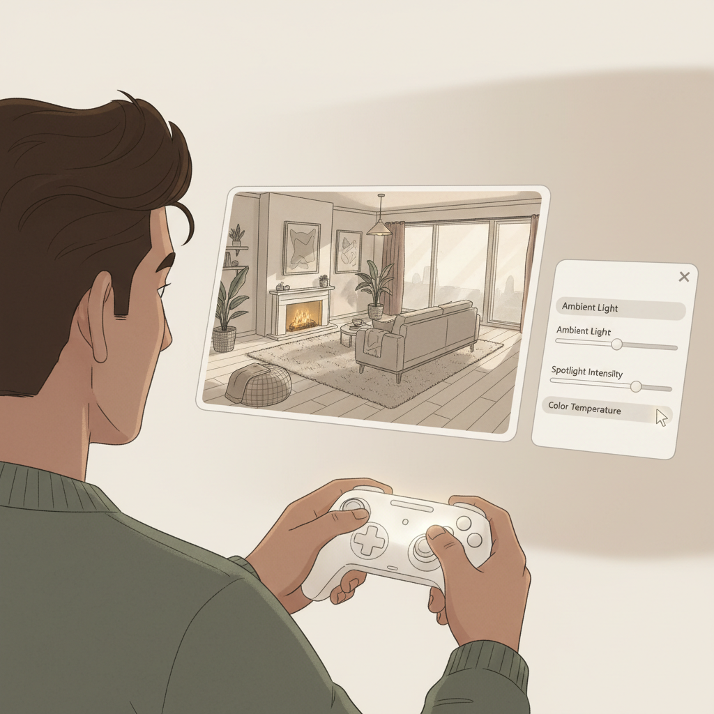 Player using a housing editor UI to place furniture and adjust lighting