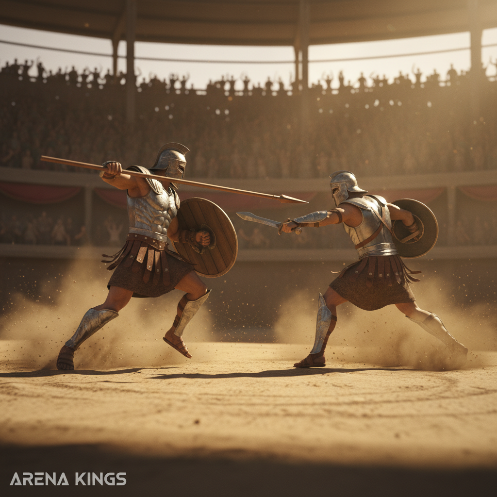 Third-person gladiator duel with spear and shield inside a sand arena