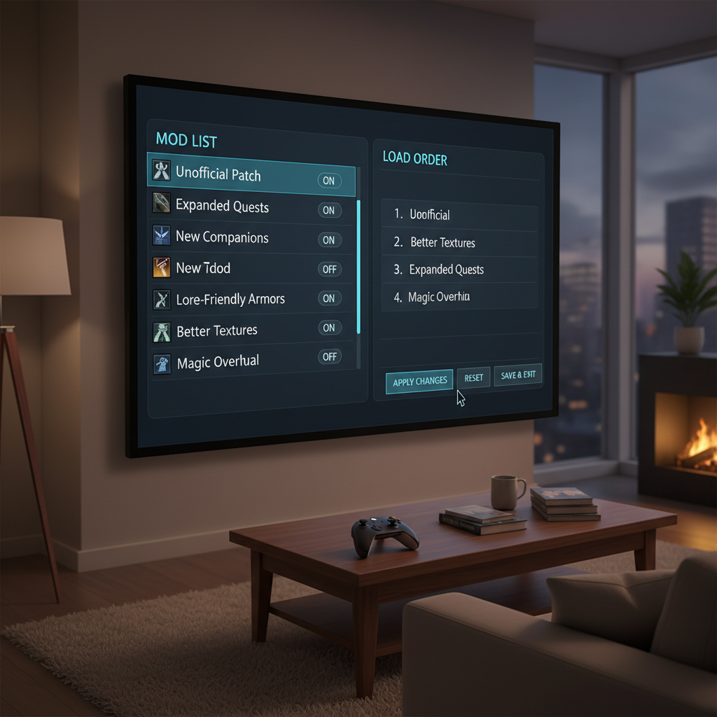 In-game mod menu on an Xbox RPG showing mod list and load order