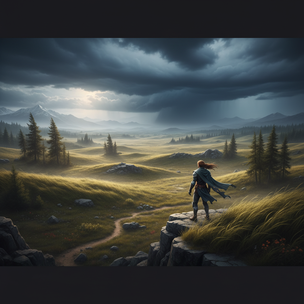 Open-world game scene showing shifting wind and storm clouds affecting gameplay
