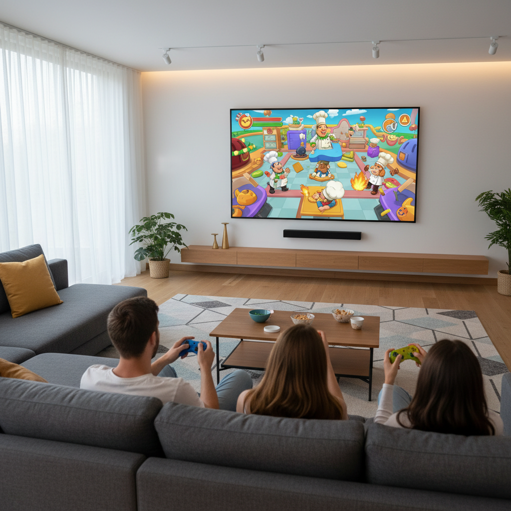 Overcooked-style cooperative kitchen chaos on a TV with four players