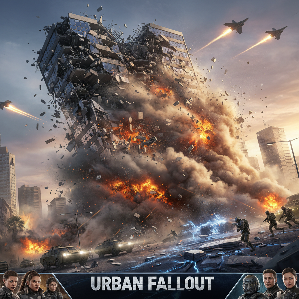 Gameplay scene showing a building collapsing with debris and dynamic destruction