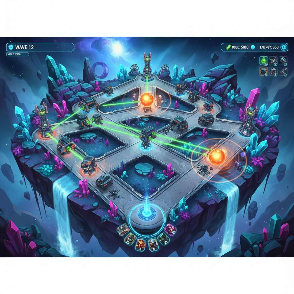 Tower defense gameplay showing unusual tower interactions and lane mechanics