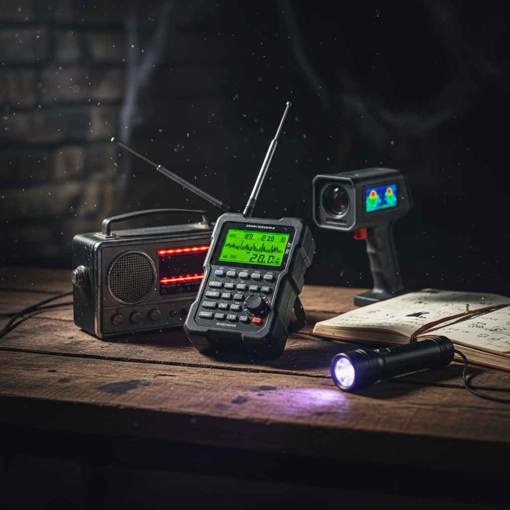Paranormal investigation tools like EMF reader and spirit box in a horror game loadout